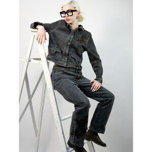 Y2k Yukoka Gray Denim Flower Embroidered Jean Set